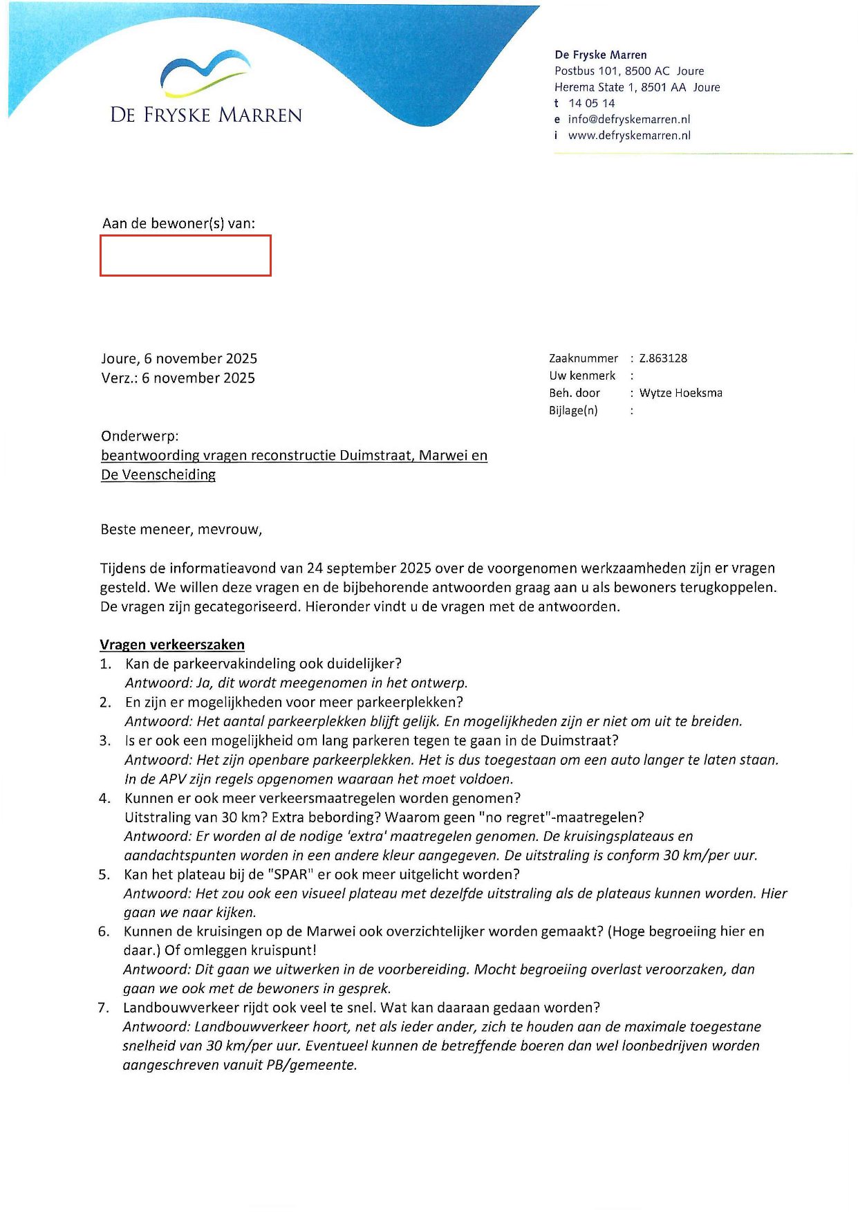 Vraag antwoord brief Pagina 1